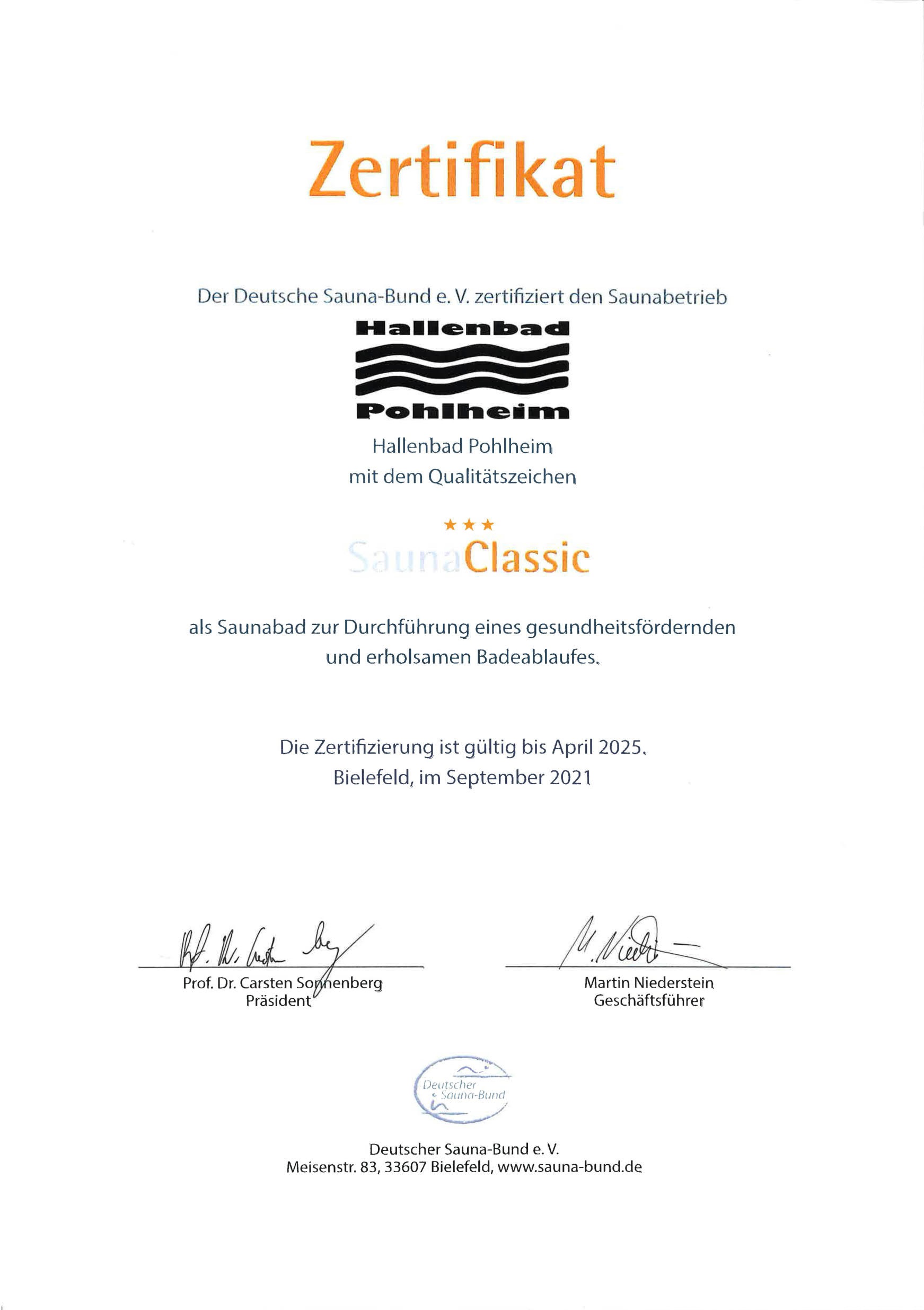Sauna Classic Zertifikat